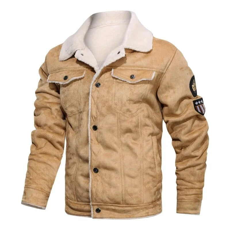 Elegante warme Fleece-Lederjacke Von Alder Khaki S 
